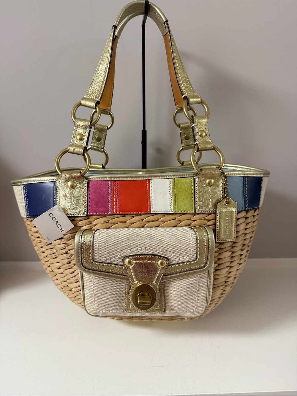 Coach Straw Tote with Multicolor Stripe and Gold Leather Trim! 2006 Vintage, NWT